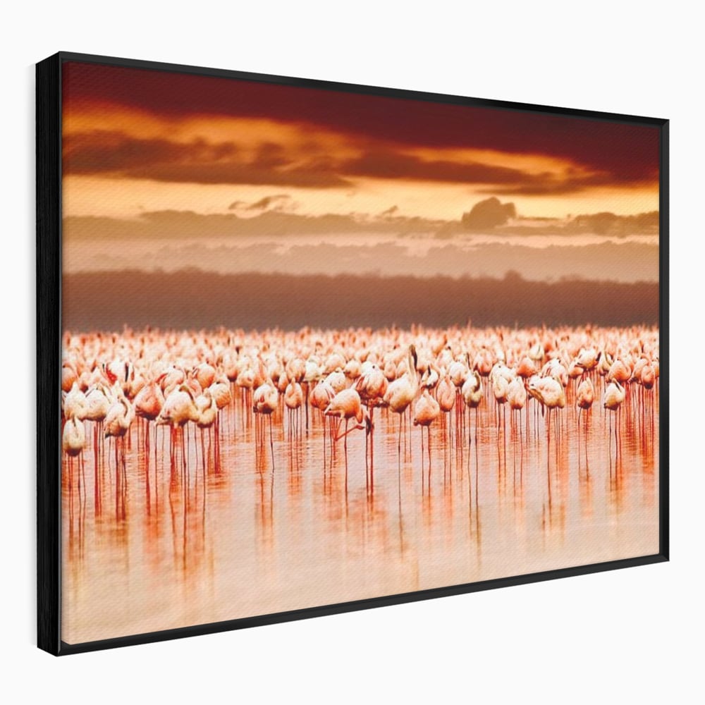 Tablou canvas cu tablou canvas cu stol de flamingo la apus, in rama de aluminiu negru